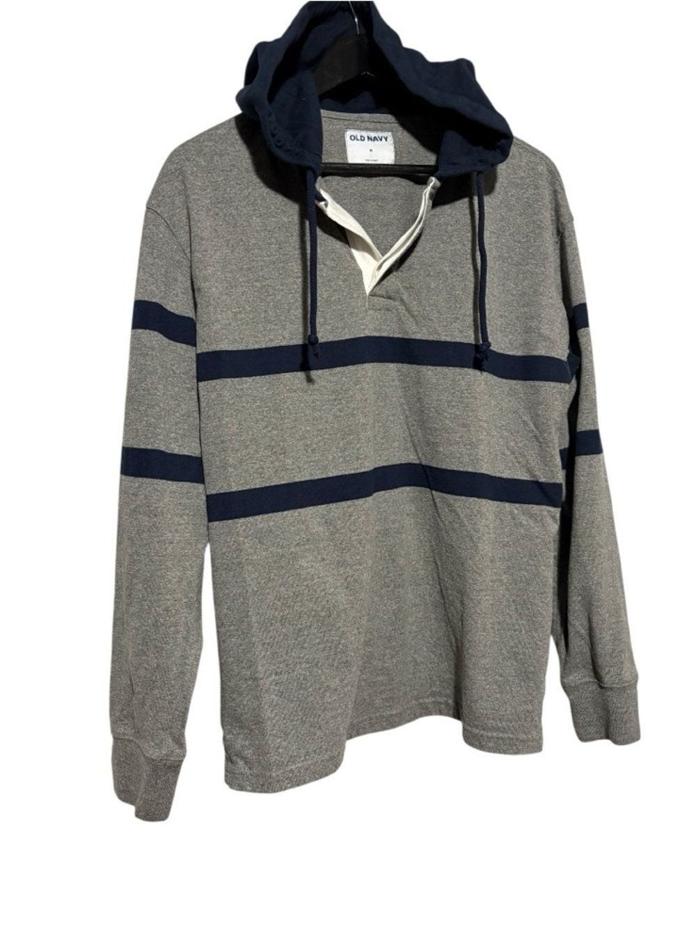 Old Navy Men’s Gray and Navy Striped Hooded Rugby Pullover. Size M.